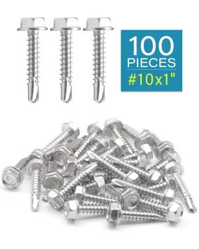 #10 x 1" Stainless Hex Washer Head Self Drilling Screws (100pcs), Flanged Hex Tek Screw Stainless Steel Fully Threaded Sheet Metal | by IMScrews