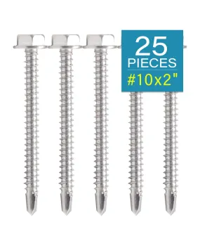 #10 x 2" Stainless Hex Washer Head Self Drilling Screws (25pcs) Stainless Steel 410 Fully Threaded Sheet Metal Tek Screw |by IMSCREWS