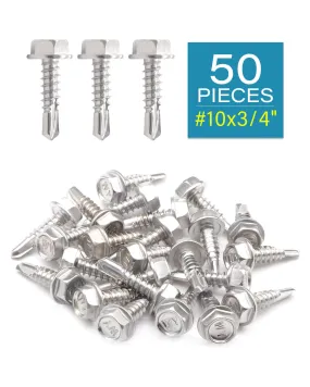 #10 x 3/4" Stainless Hex Washer Head Self Drilling Screws (50pcs) Stainless Steel 410 Fully Threaded Sheet Metal Flanged Hex Screw | by IMSCREWS