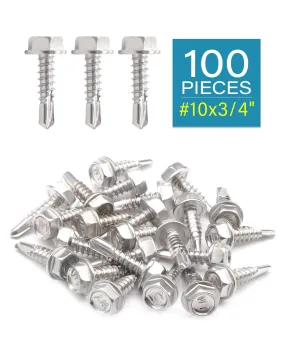100pcs #10 x 3/4" Stainless Hex Washer Head Self Drilling Screws, Stainless Steel 410 Fully Threaded Sheet Metal Tek Screw | by IMSCREWS