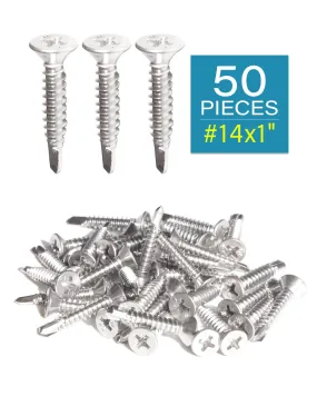 #14 x 1" Self Tapping Sheet Metal Screws 50pcs, Flat Head Phillips Stainless Steel 410 Self Drilling Screws Full Thread Teks Screws for Wood to Metal Stud by IMSCREWS