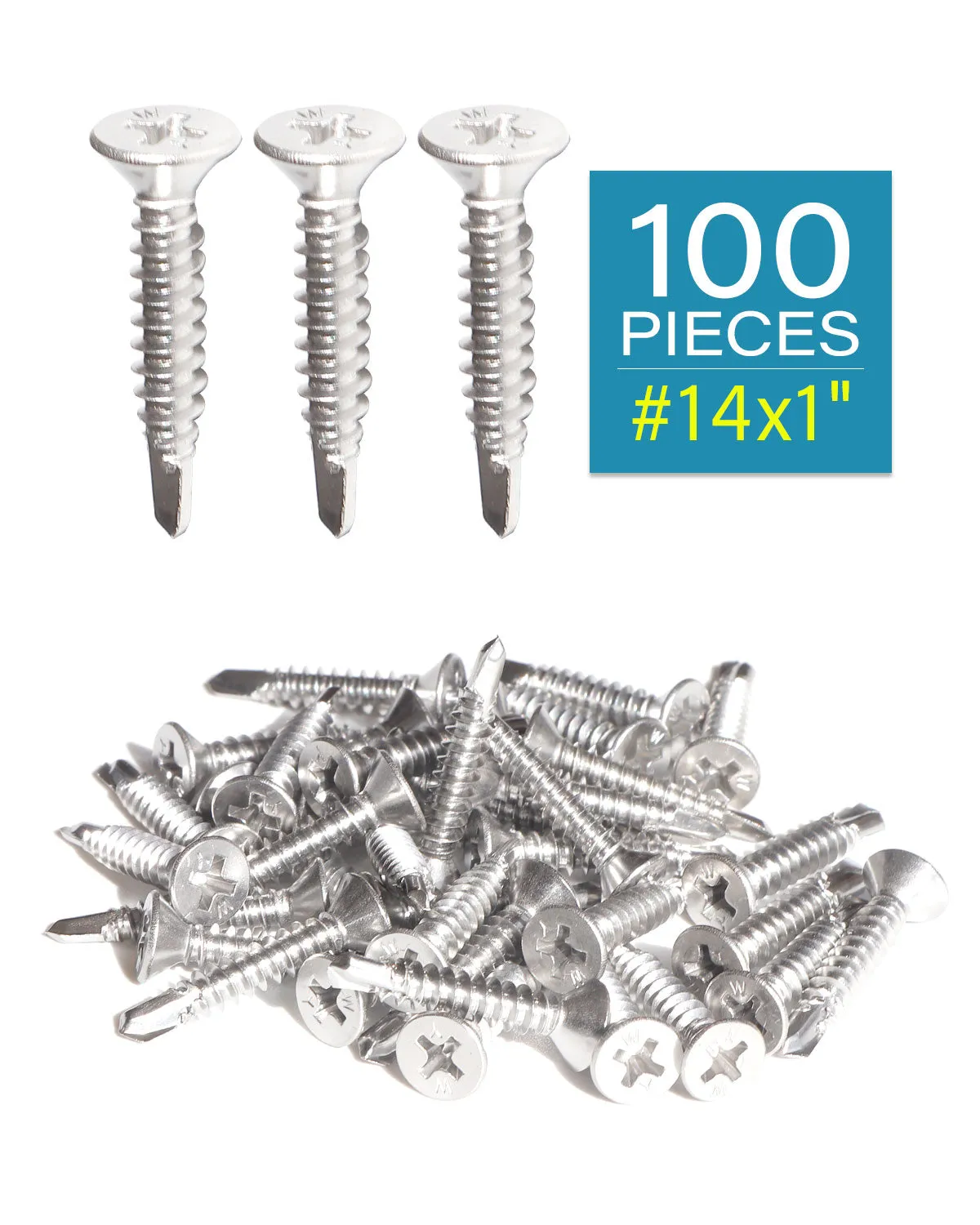 #14 x 1" Stainless Flat Head Phillips Self Drilling Screws (100pcs) Stainless Steel 410 Fully Threaded Sheet Metal Tek Screw Wood to Metal | by IMSCREWS