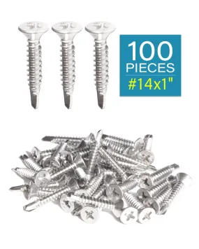 #14 x 1" Stainless Flat Head Phillips Self Drilling Screws (100pcs) Stainless Steel 410 Fully Threaded Sheet Metal Tek Screw Wood to Metal | by IMSCREWS