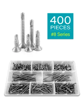 #8 Self Drilling Sheet Metal Screws Assortment Kit 400 pcs, Flat Head Phillips Stainless Steel 410 Assorted TEK Screws Kit, Length 1/2" to 2" by IMSCREWS
