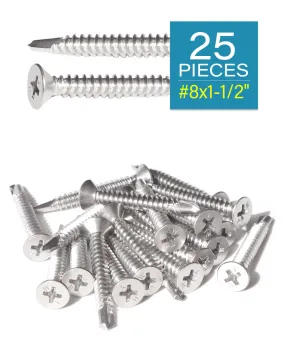 #8 x 1-1/2" Stainless Flat Head Phillips Self Drilling Screws (25pcs) Stainless Steel 410 Fully Threaded Sheet Metal Tek Screw Wood to Metal | by IMSCREWS
