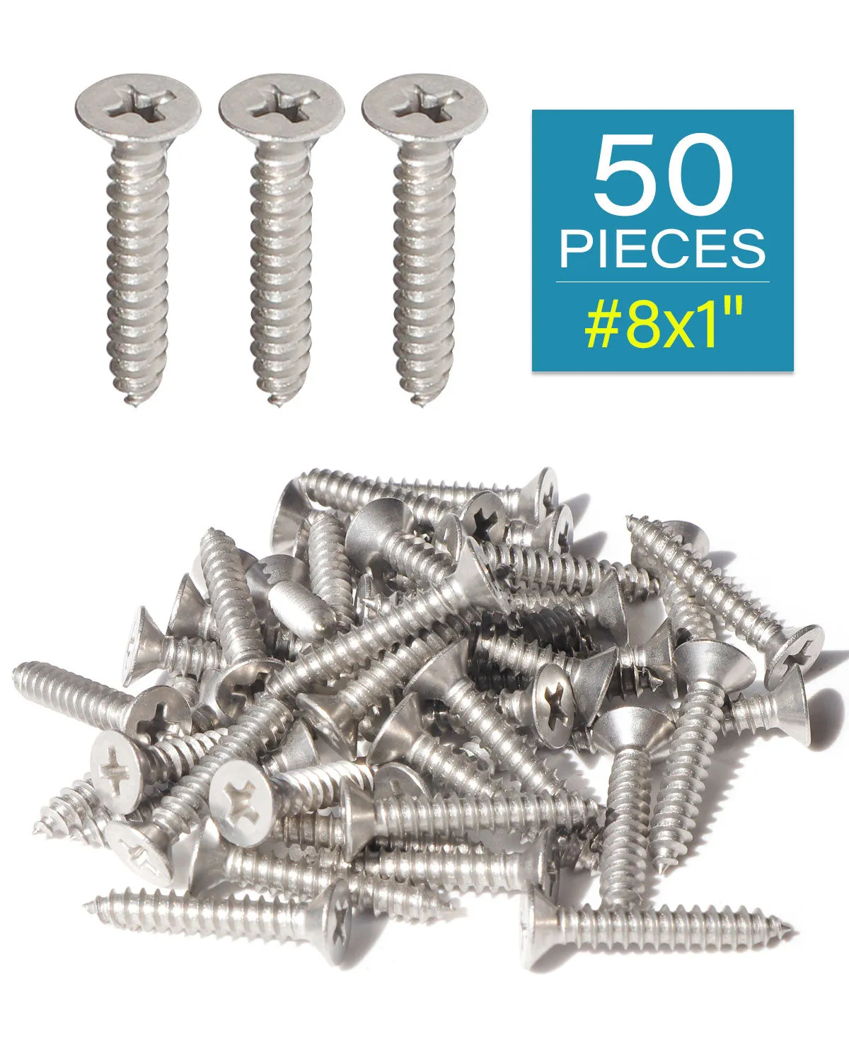 #8 x 1 Inch Wood Screws, Stainless Steel 304 Self Tapping Screws 50pcs, Flat Head Phillips Screws Sheet Metal Countersunk Exterior Screw for Indoor and Outdoor Wooden Working by IMSCREWS