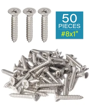 #8 x 1 Inch Wood Screws, Stainless Steel 304 Self Tapping Screws 50pcs, Flat Head Phillips Screws Sheet Metal Countersunk Exterior Screw for Indoor and Outdoor Wooden Working by IMSCREWS