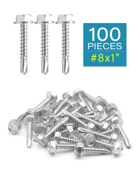 #8 x 1" Stainless Hex Washer Head Self Drilling Screws (100pcs) Stainless Steel 410 Fully Threaded Sheet Metal Tek Screw | by IMSCREWS