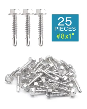 #8 x 1" Stainless Hex Washer Head Self Drilling Screws (25pcs), Stainless Steel 410 Fully Thread Sheet Metal Flanged Hex Tek Screws | by IMSCREWS