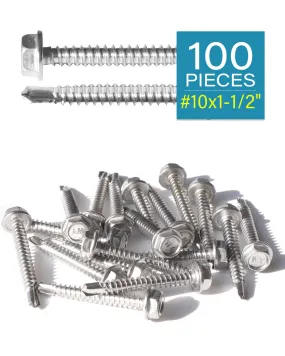 IMScrews 100pcs #10 x 1-1/2" Stainless Hex Washer Head Self Drilling Screws, 410 Stainless Steel Full Thread Sheet Metal Tek Screws
