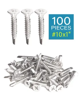 IMScrews 100pcs #10 x 1" Stainless Flat Head Phillips Self Drilling Screws, 410 Stainless Steel Full Thread Sheet Metal Tek Wood to Metal Screws