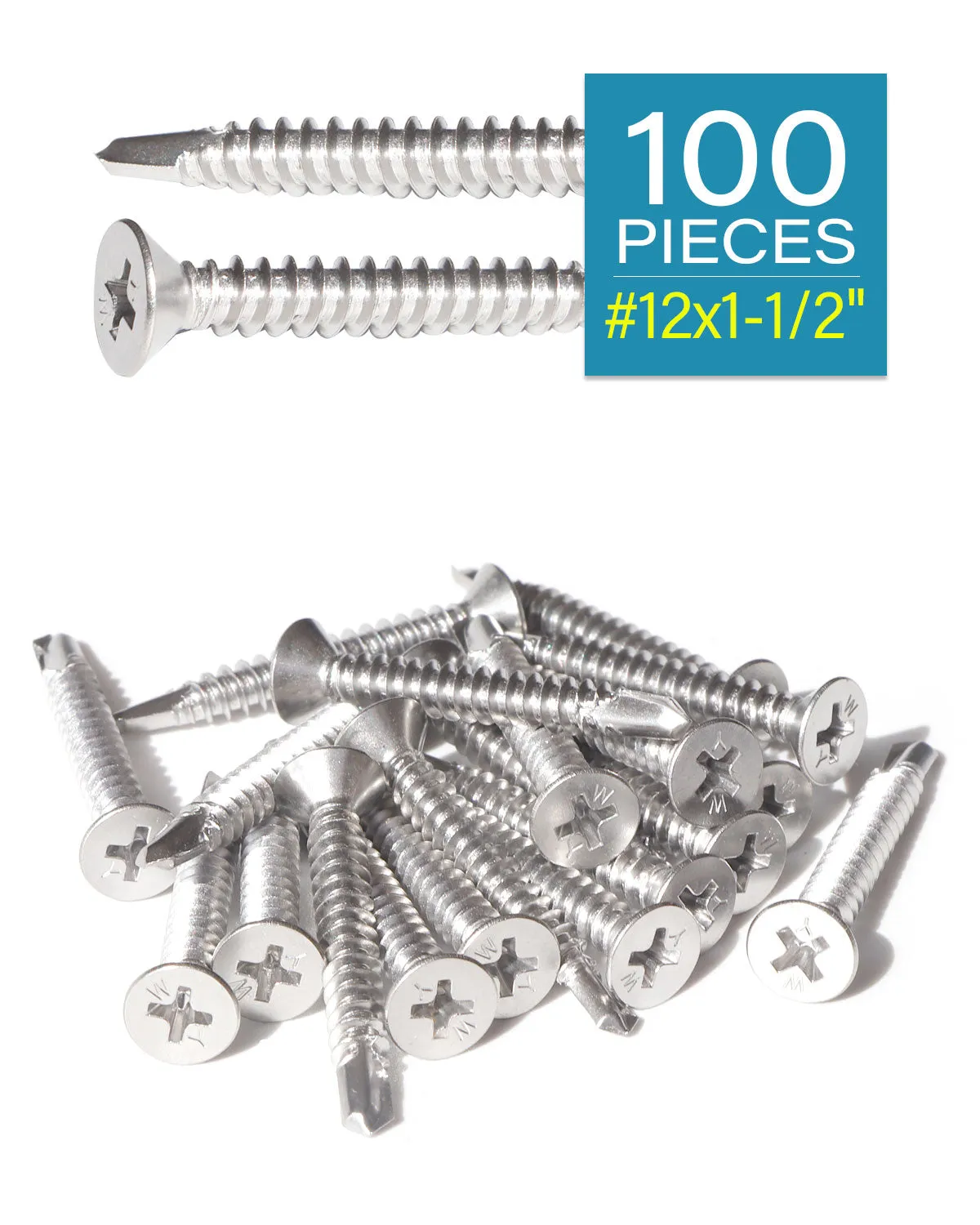 IMScrews 100pcs #12 x 1-1/2" Stainless Flat Head Phillips Self Drilling Screws, 410 Stainless Steel Full Thread Sheet Metal Tek Wood to Metal Screws