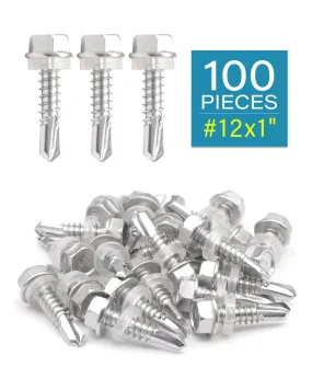 IMScrews 100pcs #12 x 1" Stainless Hex Washer Head Self Drilling Screws, 410 Stainless Steel Full Thread Sheet Metal Tek Screws