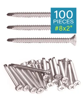 IMScrews 100pcs #8 x 2" Stainless Flat Head Phillips Self Drilling Screws, 410 Stainless Steel Full Thread Sheet Metal Tek Wood to Metal Screws