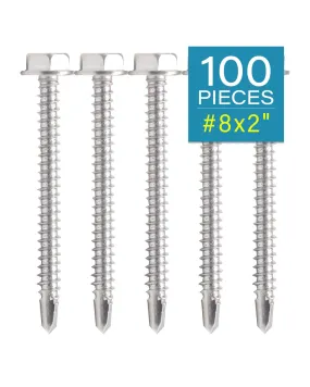IMScrews 100pcs #8 x 2" Stainless Hex Washer Head Self Drilling Screws, 410 Stainless Steel Full Thread Sheet Metal Tek Screws