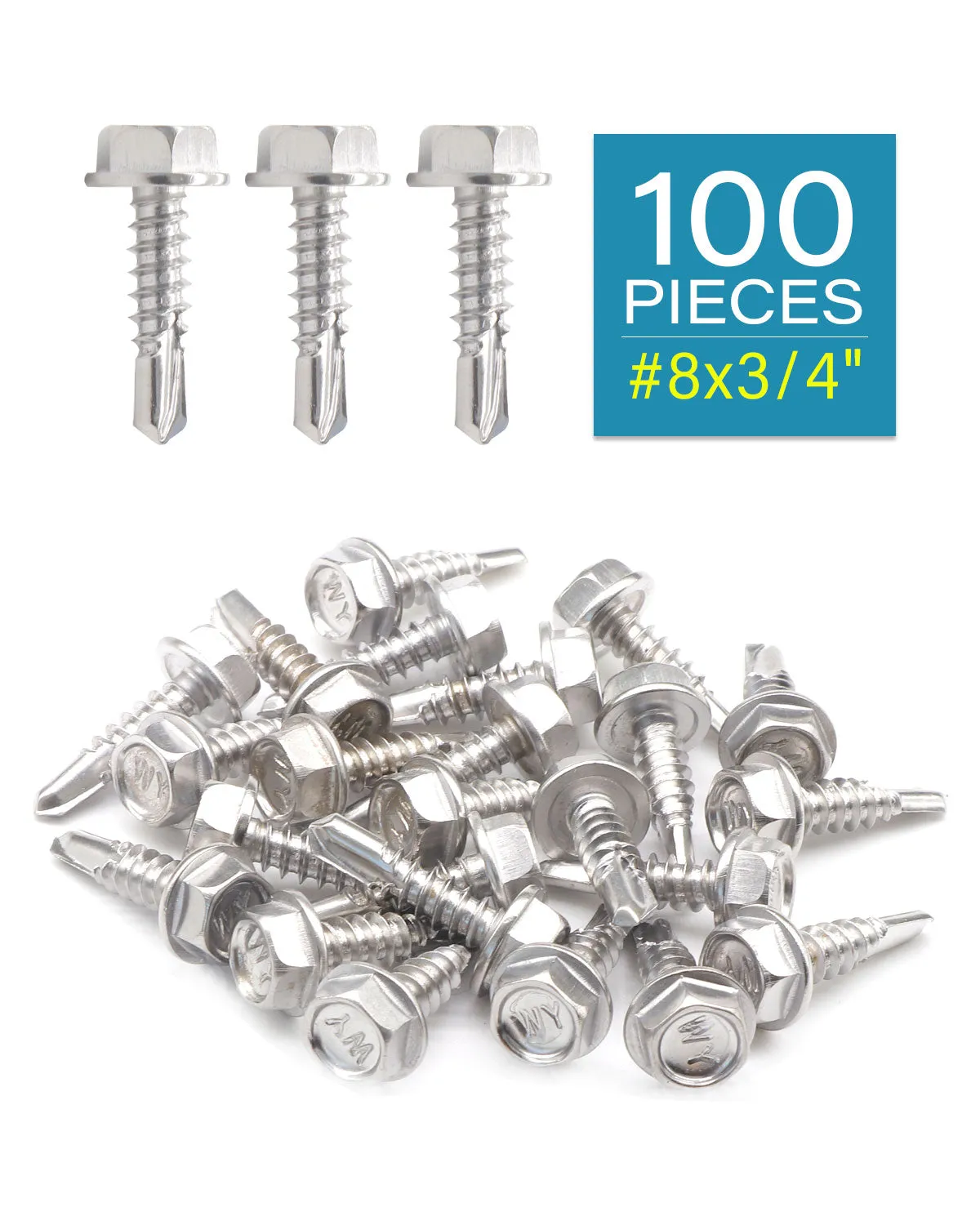 IMScrews 100pcs #8 x 3/4" Stainless Hex Washer Head Self Drilling Screws, 410 Stainless Steel Full Thread Sheet Metal Tek Screws