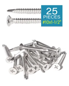 IMScrews 25pcs #10 x 1-1/2" Stainless Flat Head Phillips Self Drilling Screws, 410 Stainless Steel Full Thread Sheet Metal Tek Wood to Metal Screws