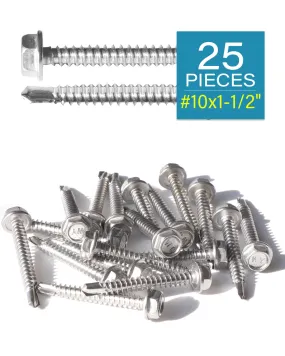 IMScrews 25pcs #10 x 1-1/2" Stainless Hex Washer Head Self Drilling Screws, 410 Stainless Steel Full Thread Sheet Metal Tek Screws