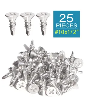 IMScrews 25pcs #10 x 1/2" Stainless Flat Head Phillips Self Drilling Screws, 410 Stainless Steel Full Thread Sheet Metal Tek Wood to Metal Screws