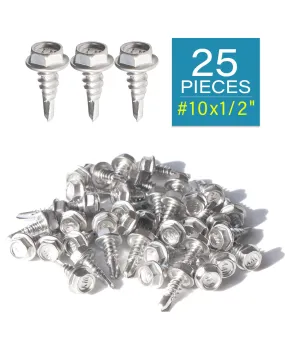 IMScrews 25pcs #10 x 1/2" Stainless Hex Washer Head Self Drilling Screws, 410 Stainless Steel Full Thread Sheet Metal Tek Screws