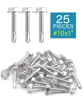 IMScrews 25pcs #10 x 1" Stainless Hex Washer Head Self Drilling Screws, 410 Stainless Steel Full Thread Sheet Metal Tek Screws