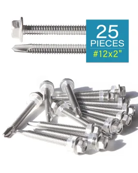 IMScrews 25pcs #12 x 2" Stainless Hex Washer Head Self Drilling Screws, 410 Stainless Steel Full Thread Sheet Metal Tek Screws