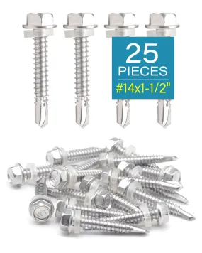 IMScrews 25pcs #14 x 1-1/2" Stainless Hex Washer Head Self Drilling Screws, 410 Stainless Steel Full Thread Sheet Metal Tek Screws