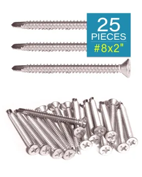 IMScrews 25pcs #8 x 2" Stainless Flat Head Phillips Self Drilling Screws, 410 Stainless Steel Full Thread Sheet Metal Tek Wood to Metal Screws