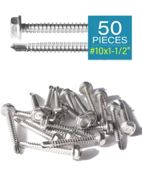 IMScrews 50pcs #10 x 1-1/2" Stainless Hex Washer Head Self Drilling Screws, 410 Stainless Steel Full Thread Sheet Metal Tek Screws
