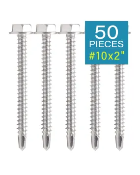 IMScrews 50pcs #10 x 2" Stainless Hex Washer Head Self Drilling Screws, 410 Stainless Steel Full Thread Sheet Metal Tek Screws