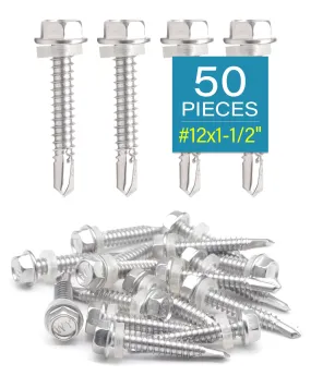 IMScrews 50pcs #12 x 1-1/2" Stainless Hex Washer Head Self Drilling Screws, 410 Stainless Steel Full Thread Sheet Metal Tek Screws