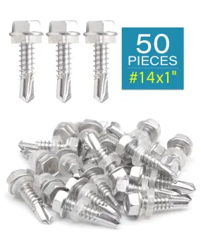 IMScrews 50pcs #14 x 1" Stainless Hex Washer Head Self Drilling Screws, 410 Stainless Steel Full Thread Sheet Metal Tek Screws