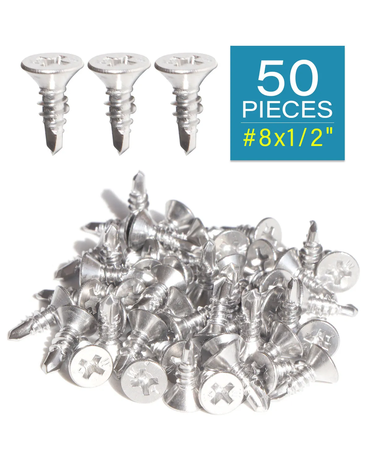 IMScrews 50pcs #8 x 1/2" Stainless Flat Head Phillips Self Drilling Screws, 410 Stainless Steel Full Thread Sheet Metal Tek Wood to Metal Screws