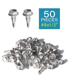 IMScrews 50pcs #8 x 1/2" Stainless Hex Washer Head Self Drilling Screws, 410 Stainless Steel Full Thread Sheet Metal Tek Screws