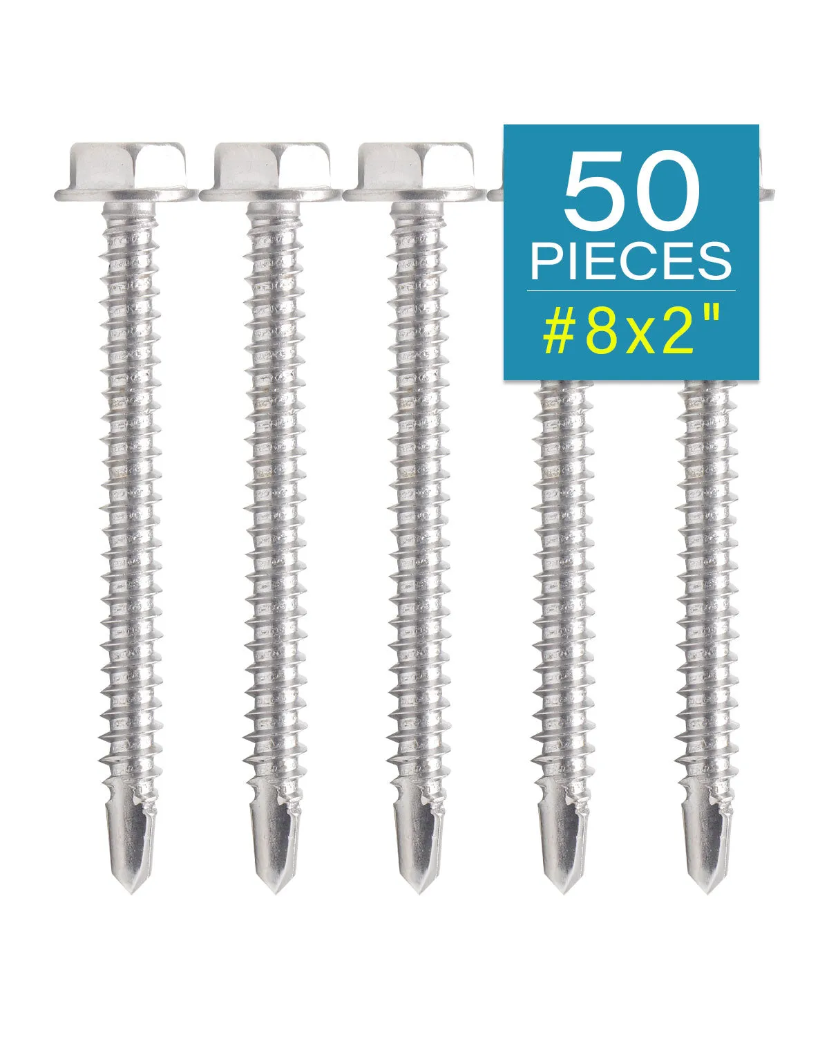 IMScrews 50pcs #8 x 2" Stainless Hex Washer Head Self Drilling Screws, 410 Stainless Steel Full Thread Sheet Metal Tek Screws