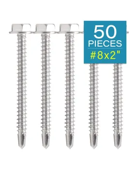 IMScrews 50pcs #8 x 2" Stainless Hex Washer Head Self Drilling Screws, 410 Stainless Steel Full Thread Sheet Metal Tek Screws