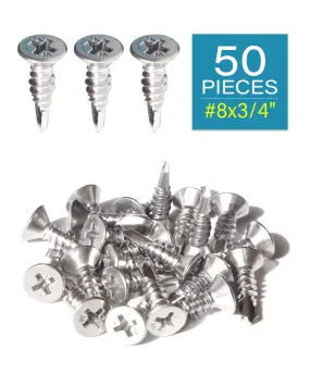 IMScrews 50pcs #8 x 3/4" Stainless Flat Head Phillips Self Drilling Screws, 410 Stainless Steel Full Thread Sheet Metal Tek Wood to Metal Screws