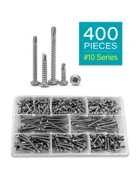 Self Tapping Sheet Metal Screws, 10 Wood to Metal Screw Assortment, Phillips Pan Head Self Drilling Screws Set, 1/2",5/8",3/4",1",1-1/4",1-1/2",1-3/4",2" - 410 Stainless Steel, 400 Pieces by IMSCREWS