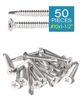 Stainless Steel Sheet Metal Screws #10 x 1-1/2 Inch 50pcs, Self Drilling Flat Head Phillips Stainless Steel 410 Screws Standard Thread Teks Screws for Wood to Metal Stud by IMSCREWS