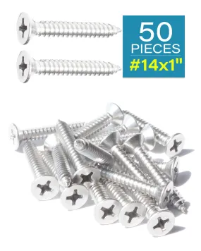 Stainless Steel Wood Screws #14 x 1 Inch Self Tapping Screws 50pcs, Flat Head Phillips 18/8 Stainless Steel Sheet Metal Screws for Cabinet, Wooden, Indoor and Outdoor Use by IMSCREWS