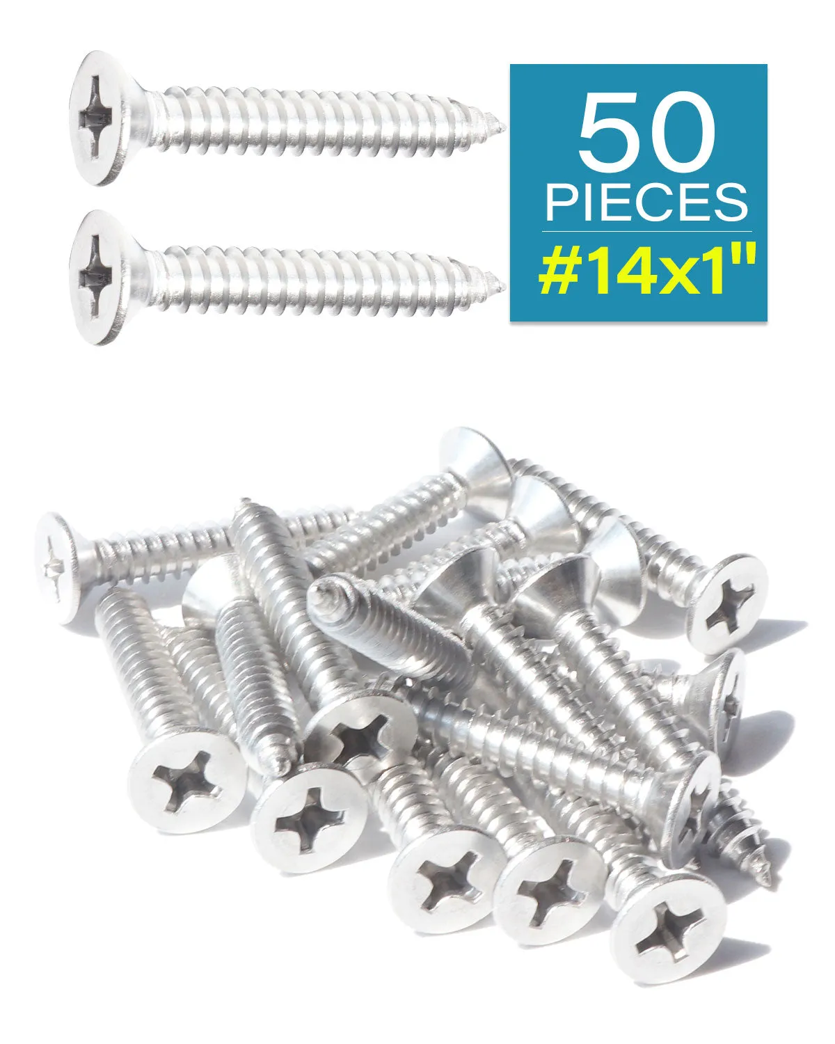 Stainless Steel Wood Screws #14 x 1 Inch Self Tapping Screws 50pcs, Flat Head Phillips 18/8 Stainless Steel Sheet Metal Screws for Cabinet, Wooden, Indoor and Outdoor Use by IMSCREWS